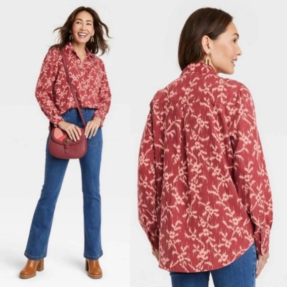 Knox Rose Tops - ✨NWT Target Knox Rose Burgundy Hibiscus Print Button Front Shirt Plus Size XXL